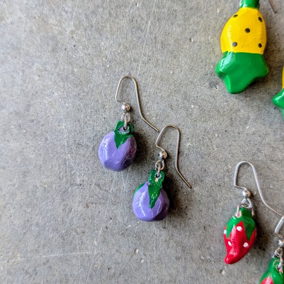 Vintage Wooden Fruit Earrings Pineapple Orange Grape Strawberry Banana Set Of 5 - Picture 2 of 11